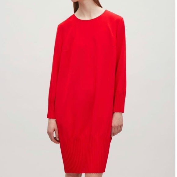 COS Red Long Sleeve Midi Pleated Raw Hem Dress Size 10 - Picture 3 of 15